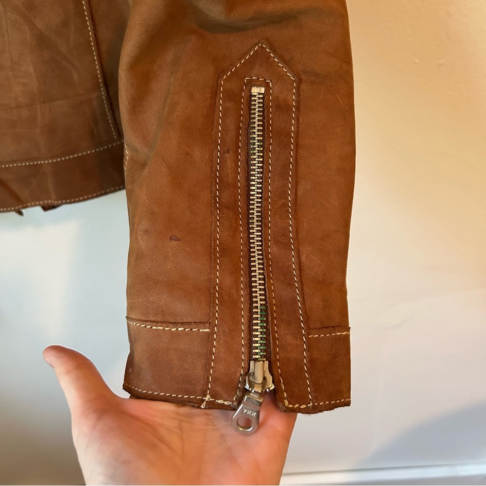 Roots Tan Brown Nubuck Leather Moto Jacket Tab Collar Zip Up - Sz 6 - Picture 5 of 16
